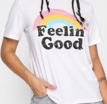 Feelin' Good White T-Shirt, Rainbow Print