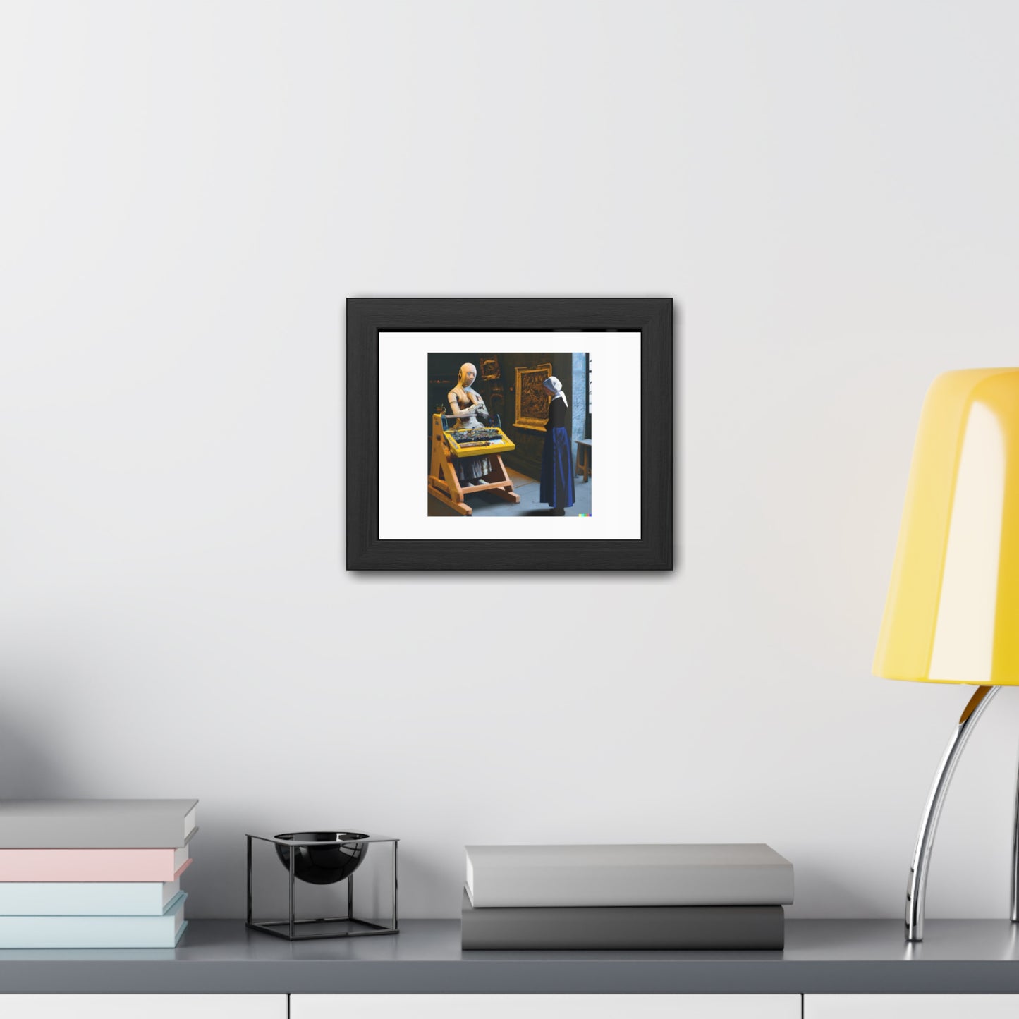 Young Woman Standing At A Virginal With A Robot Machine In The Style Of Johannes Vermeer 'Designed by AI' Wooden Framed Print