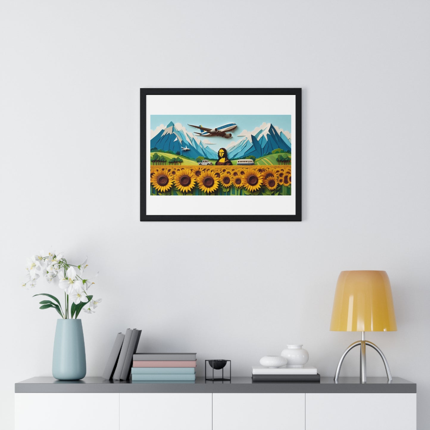 Mona Lisa in a Sunflower Meadow, Abstract Art 'Designed by AI' Framed Print