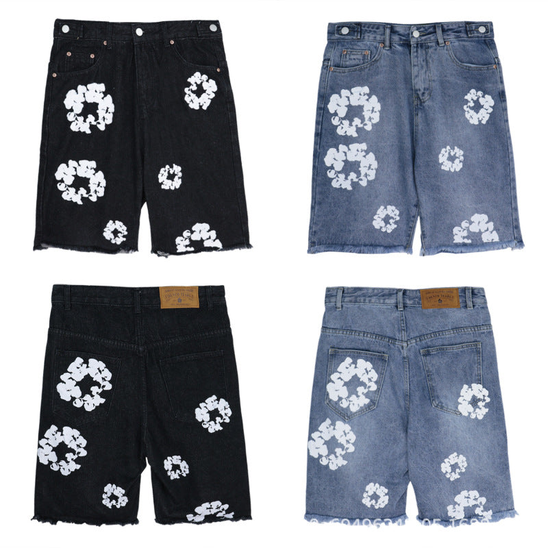 Cotton Flower Design Unisex Denim Shorts