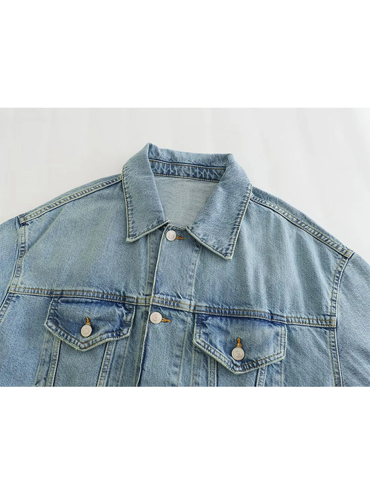 Retro Collar Women's Denim Jacket Coat Set with Pants