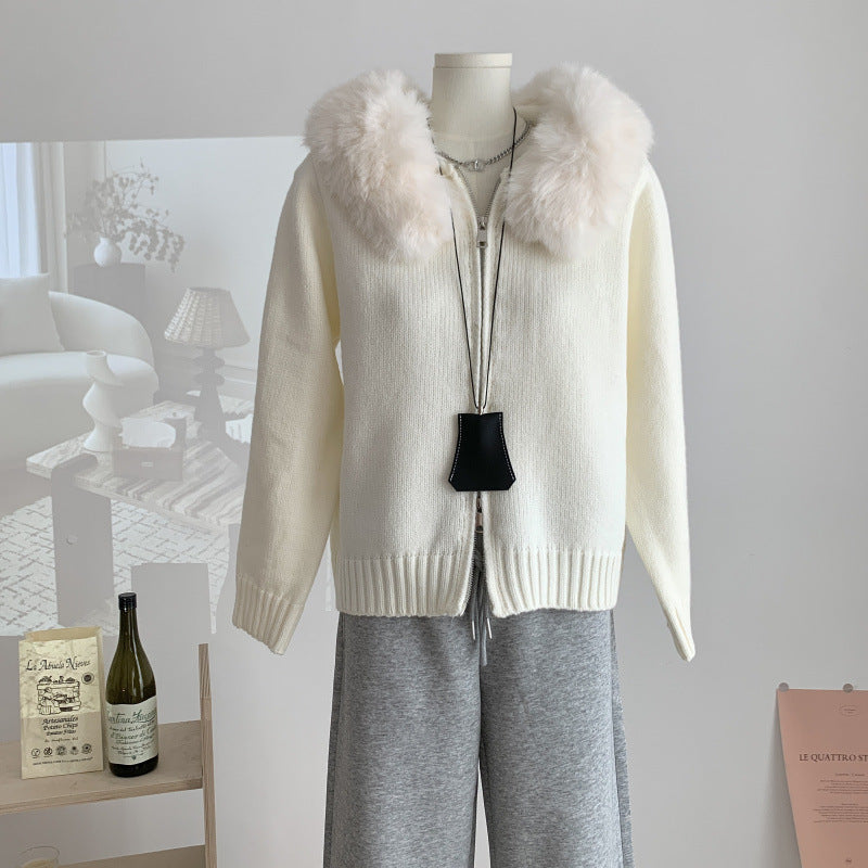 Vireous Fur Hooded Short Women's Fashion Knitted Cardigan
