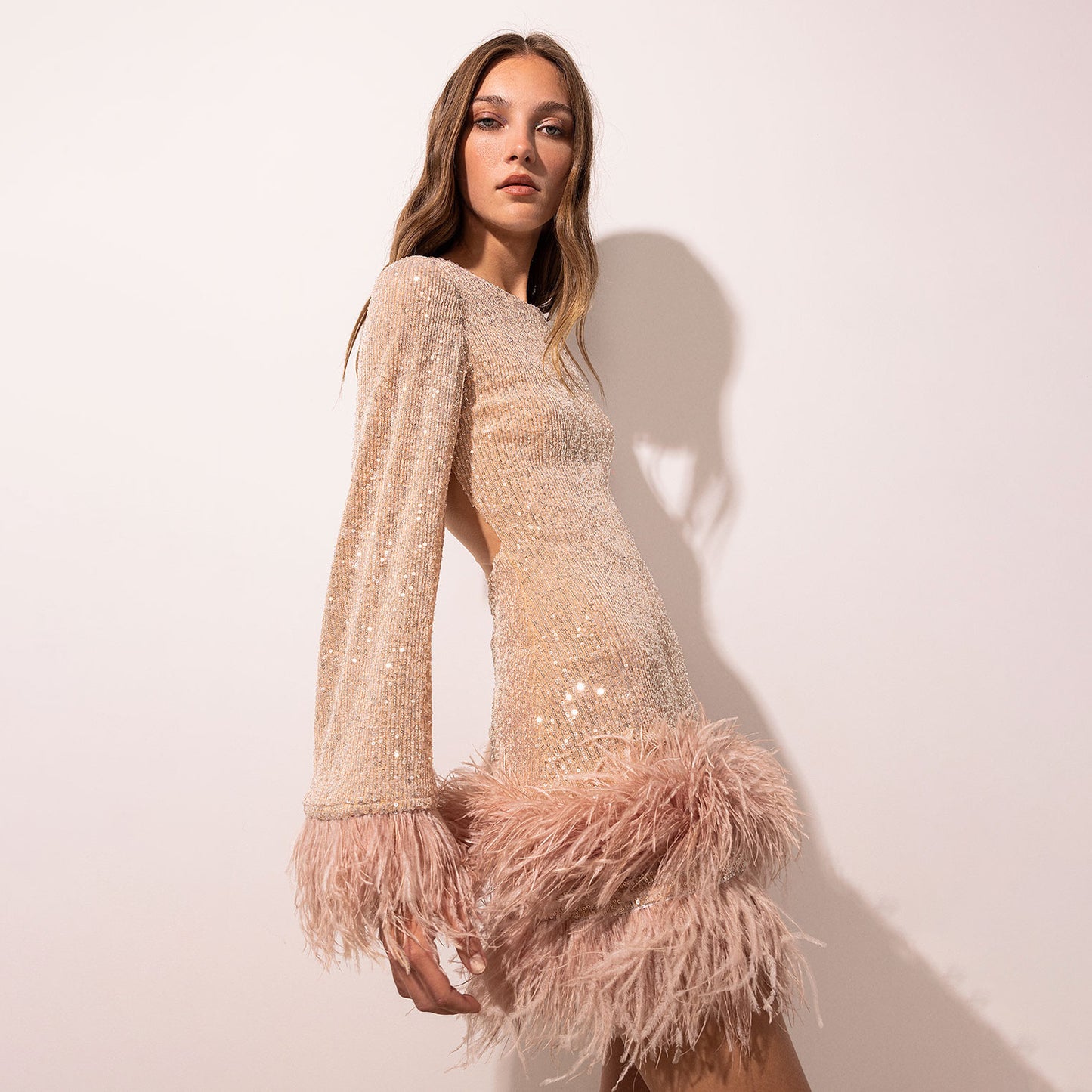 Women's Bare Back Long-Sleeve Sequin Feather Dress