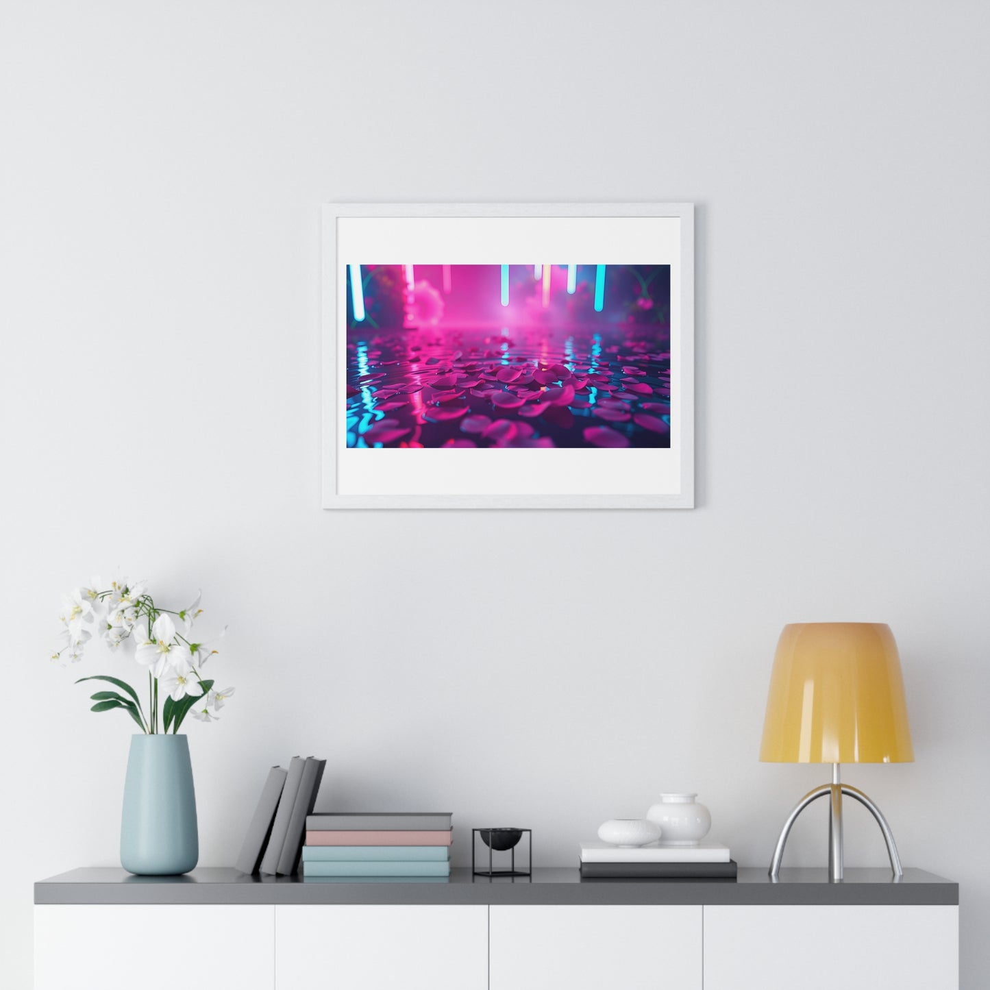 Petals on the Water, Pink Vibrant Art 'Designed by AI' Framed Print