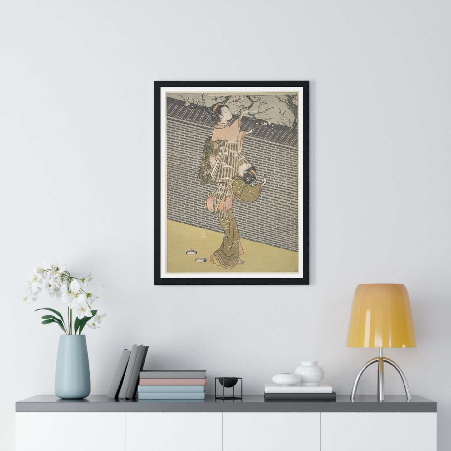 Plucking a Branch from a Neighbour's Plum Tree (1768) Japanese Illustration by Suzuki Harunobu, from the Original, Framed Print