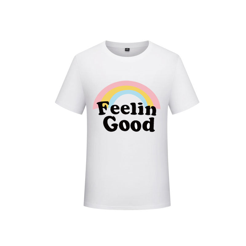 Feelin' Good White T-Shirt, Rainbow Print