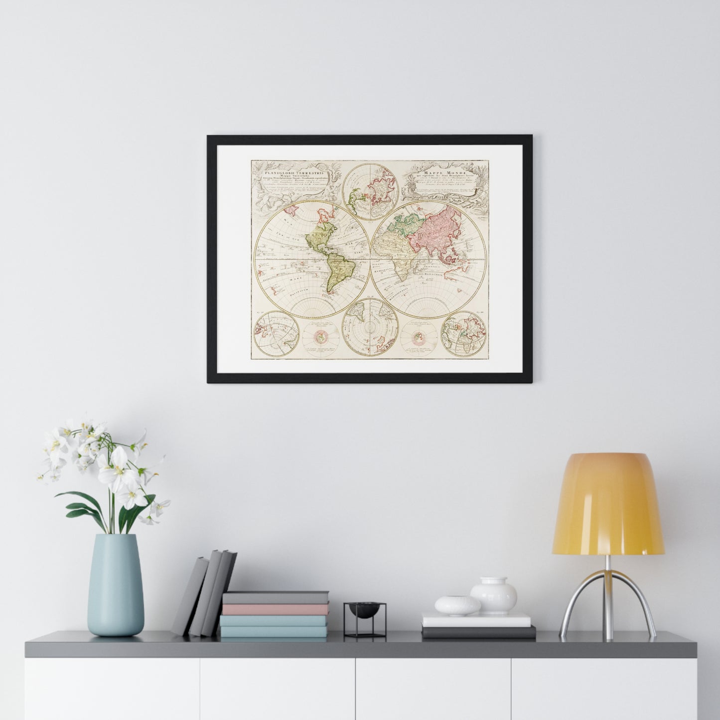 Antique Map of the World, Planiglobii Terrestris, Mappa Universalis (1746) by Johann Baptist, from the Original, Framed Art Print
