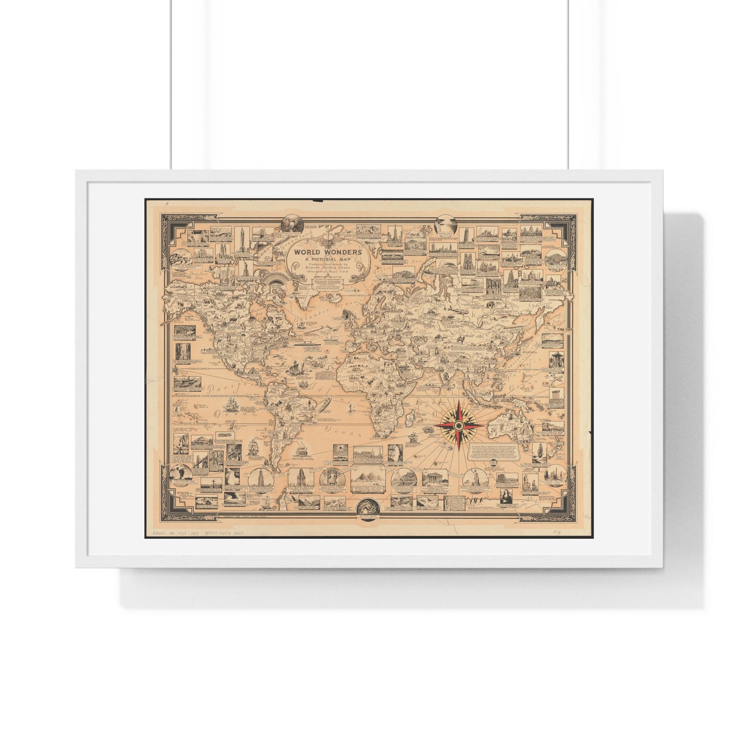 World Wonders, Pictorial Map of the World (1939) by Ernest Dudley Chase, from the Original, Framed Art Print