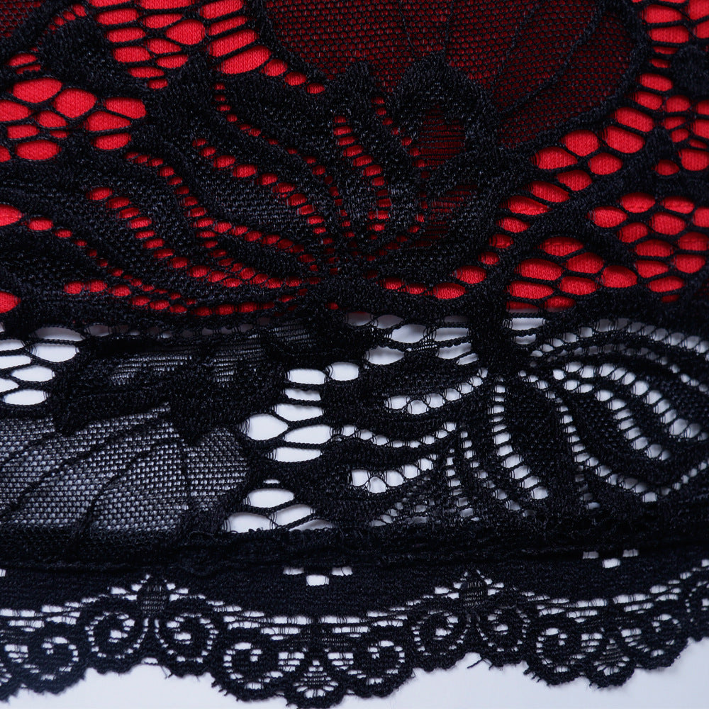 Vireous Floral Lace Overlay Sheer Half-Sleeve Dress