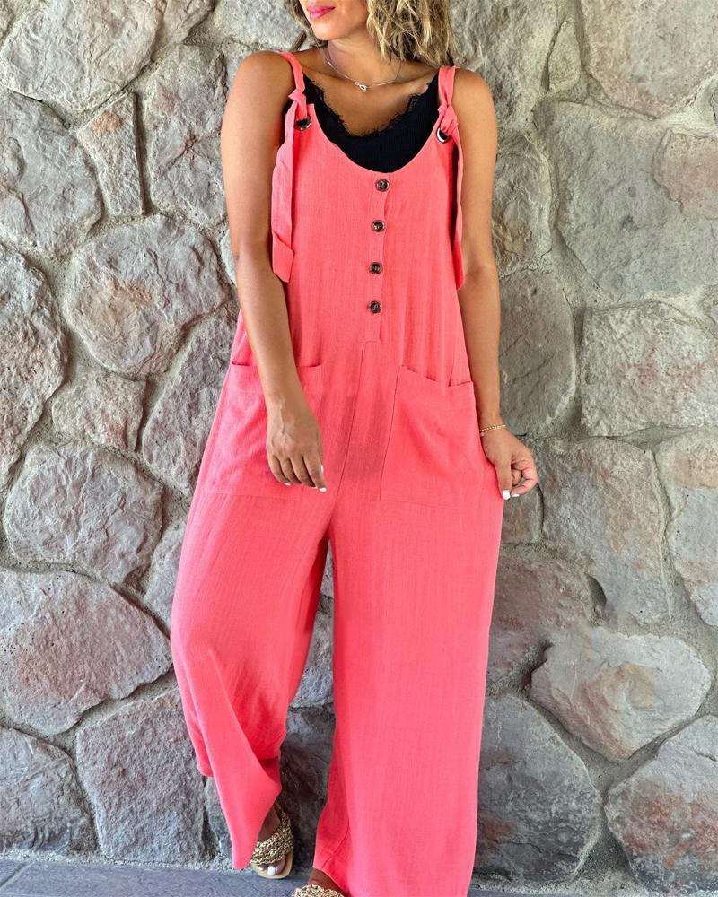 Linen Casual Button Suspender Women's Pants Suit, Plus Sizes