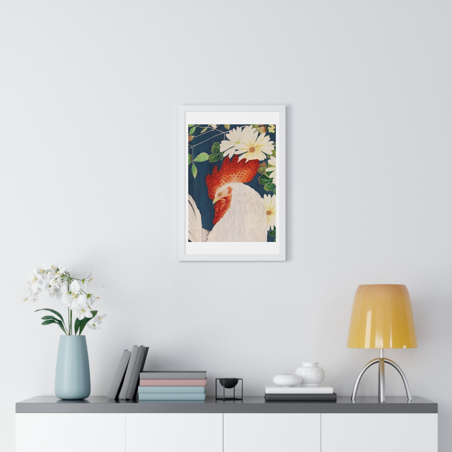 Rooster Pattern on Kimono Fabric, from the Original, Framed Art Print