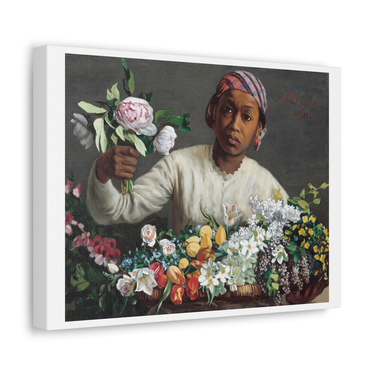Young Woman with Peonies (1870) by Frédéric Bazille from the Original, Art Print on Canvas