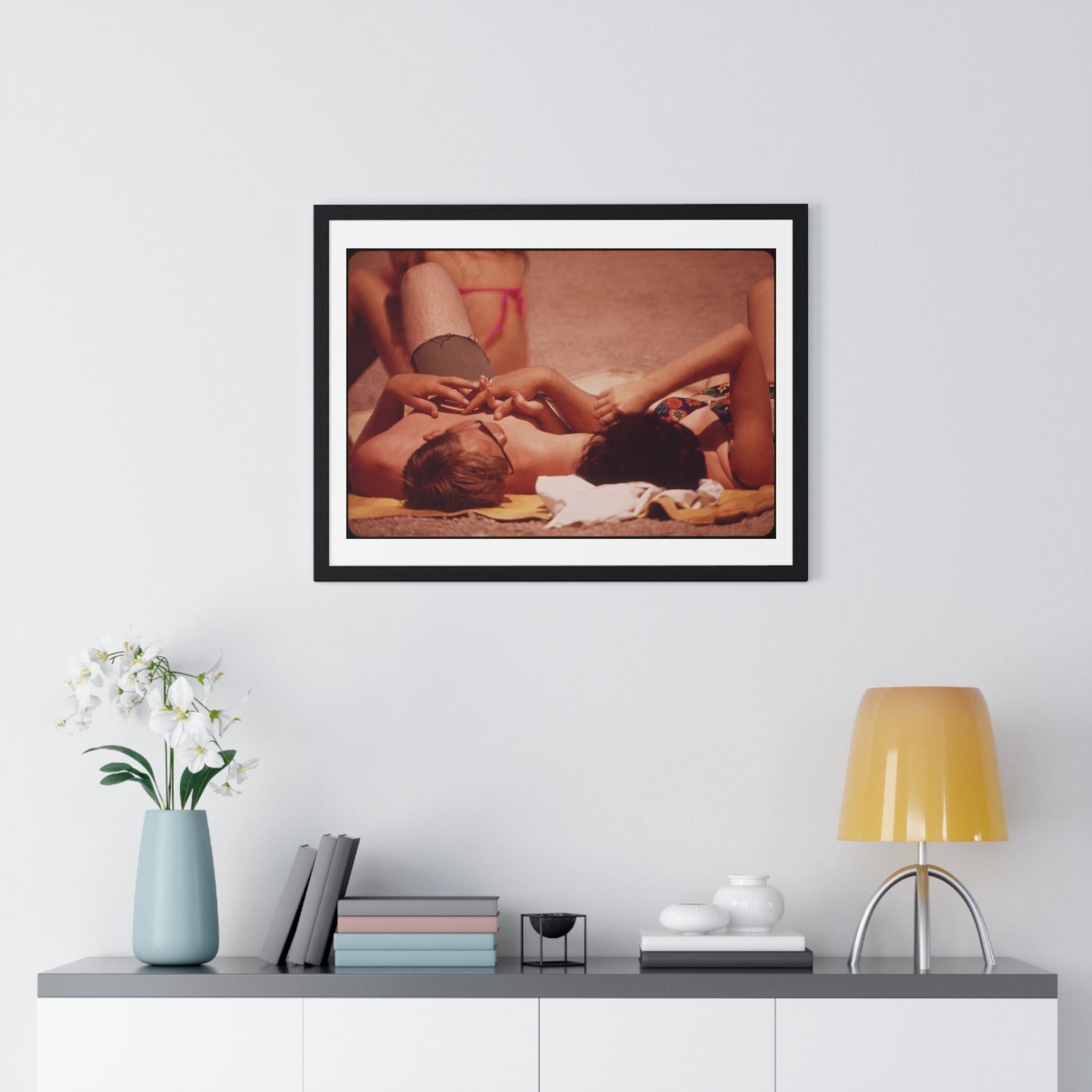 Sunning on the Lake Shore ( 1972) Vintage Photography by Charles O'Rear, Framed Print