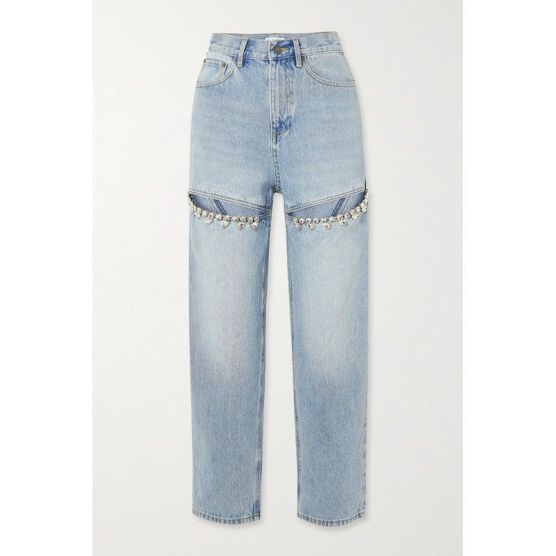 Women's Crystal Decorated High-Waist Straight Leg Jeans