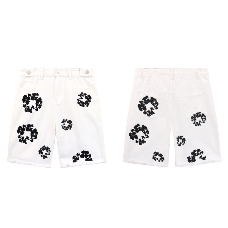 Cotton Flower Design Unisex Denim Shorts