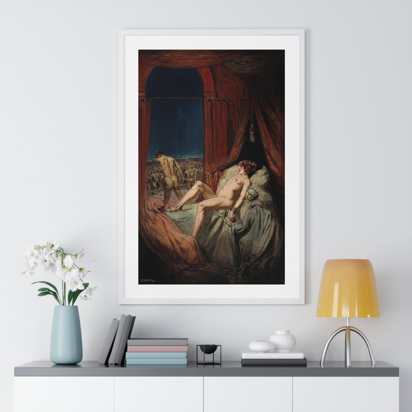 A Provocative Naked Young Woman Lying on a Bed, Death Sits at Her Side Representing Syphilis (1912) Framed Art Print