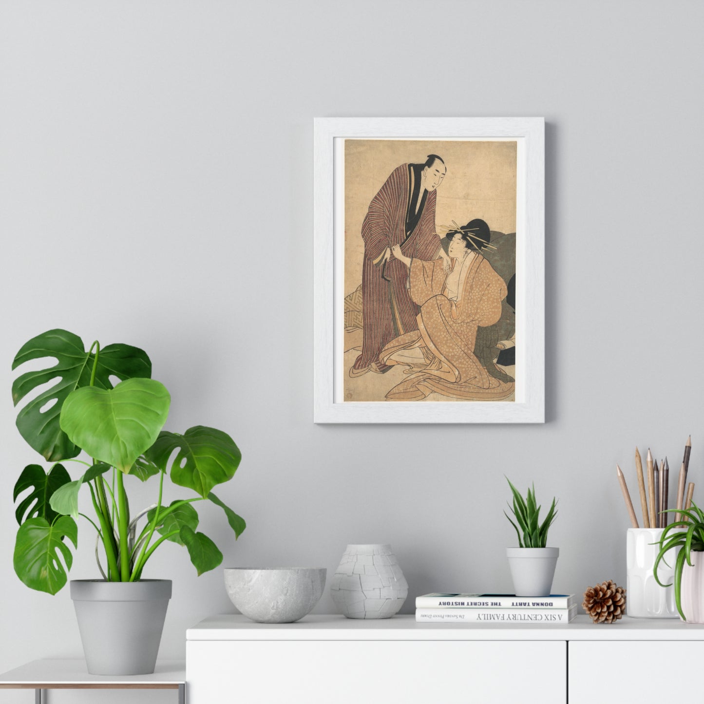 Japanese Vintage Art: Parting of Lovers, the Courtesan and her Lover (circa 1800) by Utamaro Kitagawa, Framed Art Print