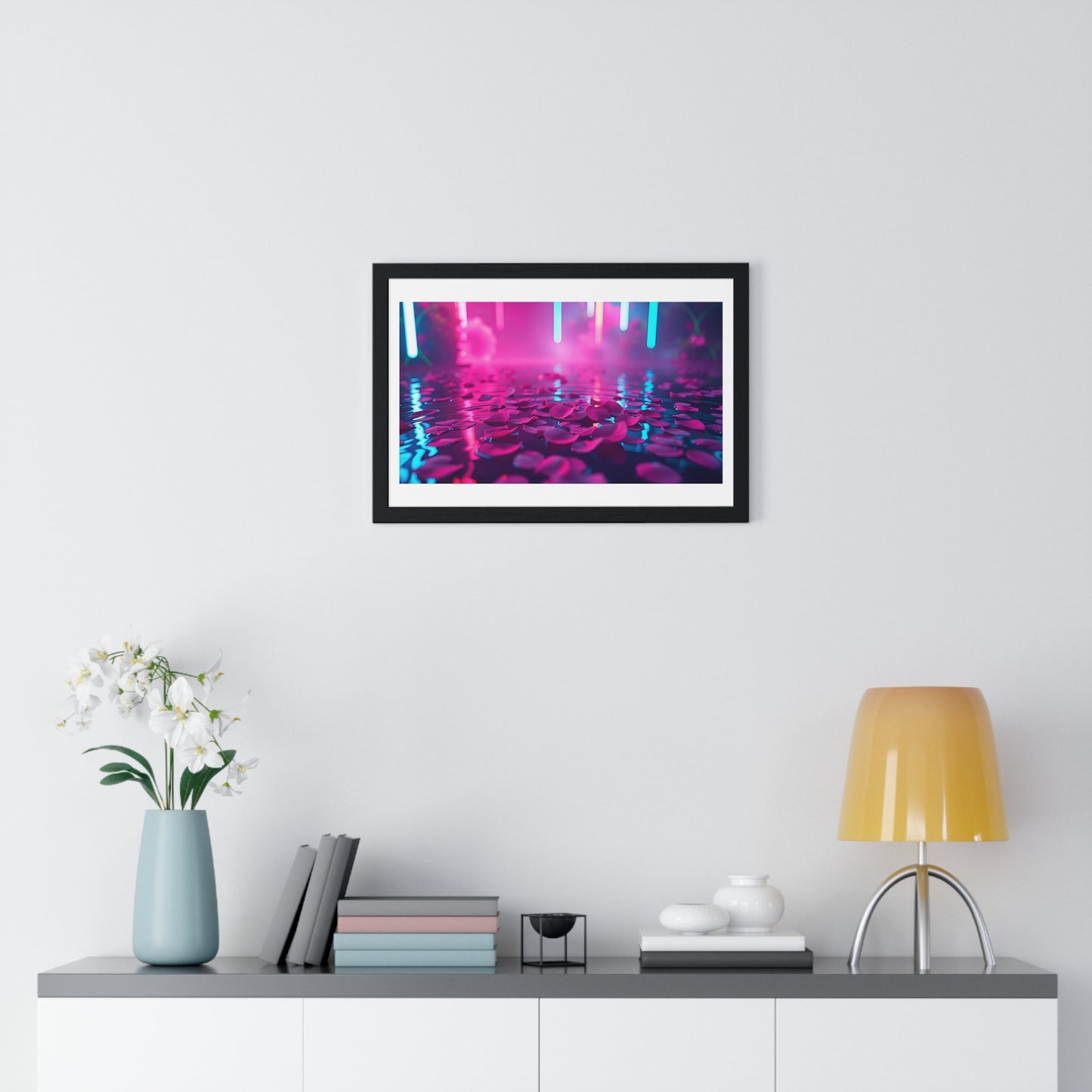 Petals on the Water, Pink Vibrant Art 'Designed by AI' Framed Print