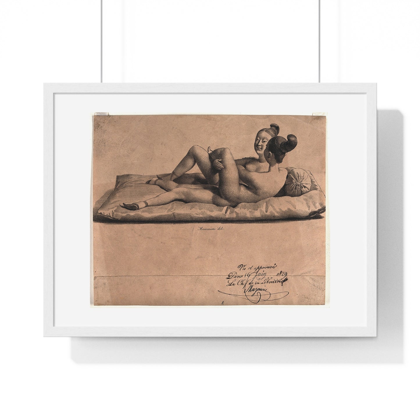 Two Chinese Girls with Bound Feet are Making Love on a Mattress (1829) Lithograph by Jean-Baptiste Mauzaisse, Framed Print
