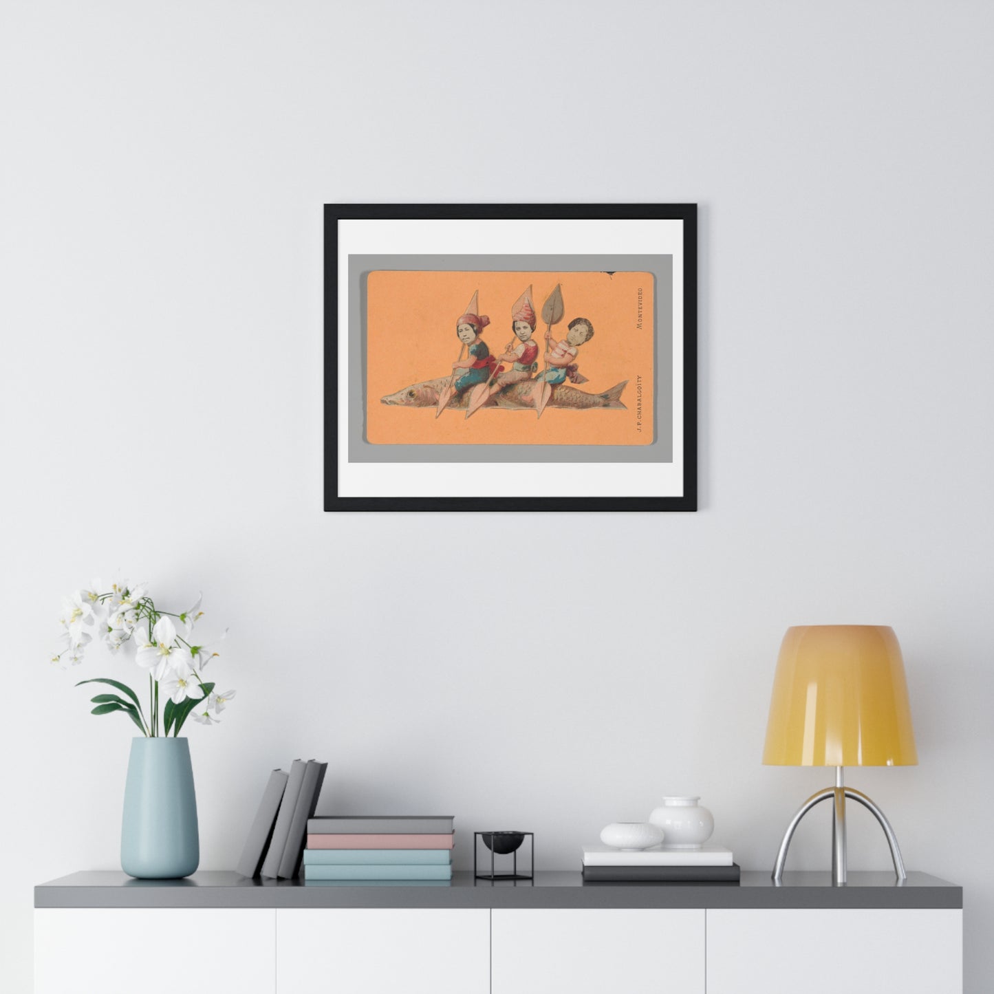 Uruguayan Photo Collage, Three People Holding Oars, Sitting on a Large Fish (circa 1875) Framed Art Print