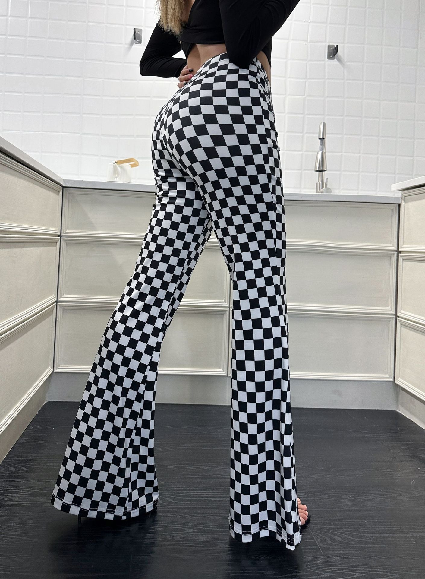 Checkerboard Flare Pants, Women's Fitness Casual Pants