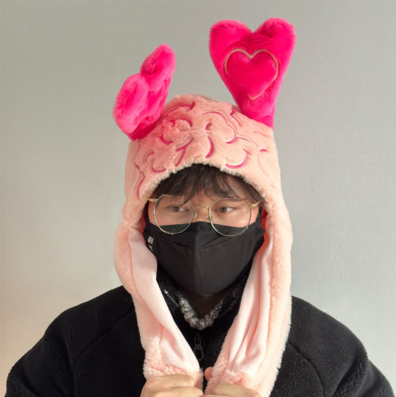 Brain Design Plush Hand Bag and Hat with Movable 'Love' Ears Two-Piece