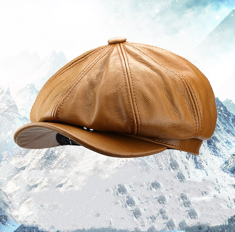 British Cowhide Leather Octagonal Cap, Unisex Peaked Cap