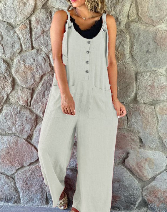 Linen Casual Button Suspender Women's Pants Suit, Plus Sizes