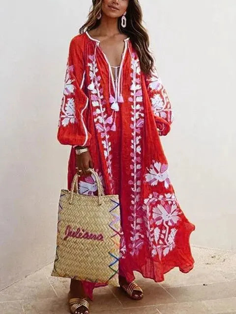 Vireous Floral Print A-Line Loose Dress, Spring and Autumn Collection