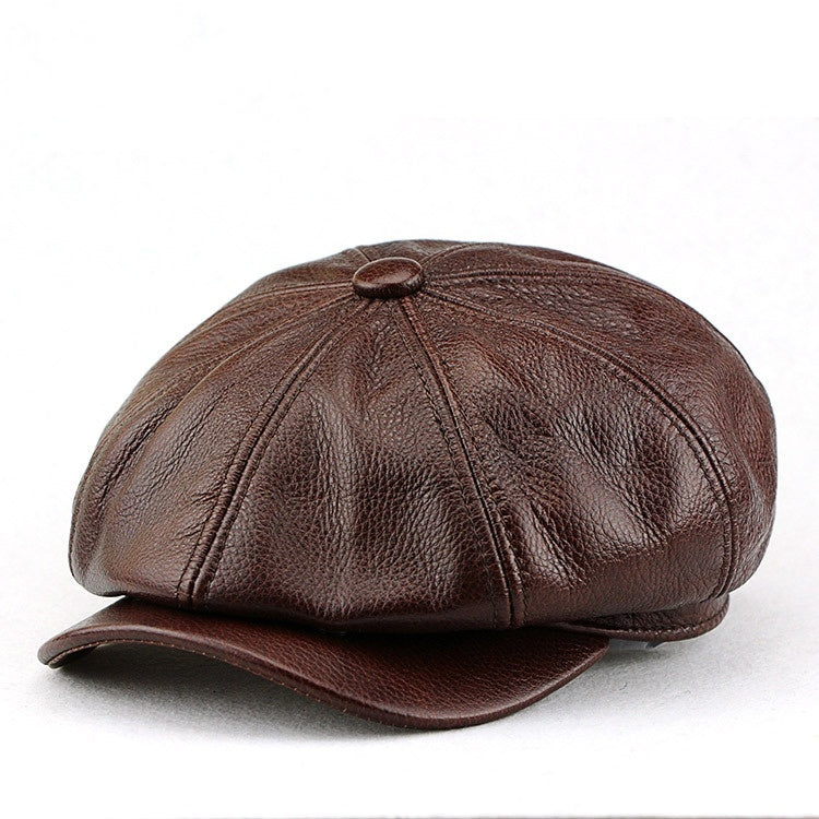 British Cowhide Leather Octagonal Cap, Unisex Peaked Cap