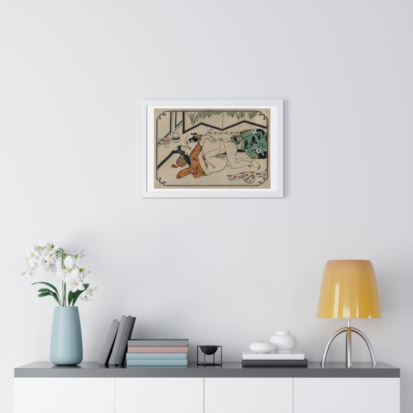 Middle-Aged Couple Making Love, Coloured Reproduction of a Woodcut by Moronobu (1680s) Framed Art Print