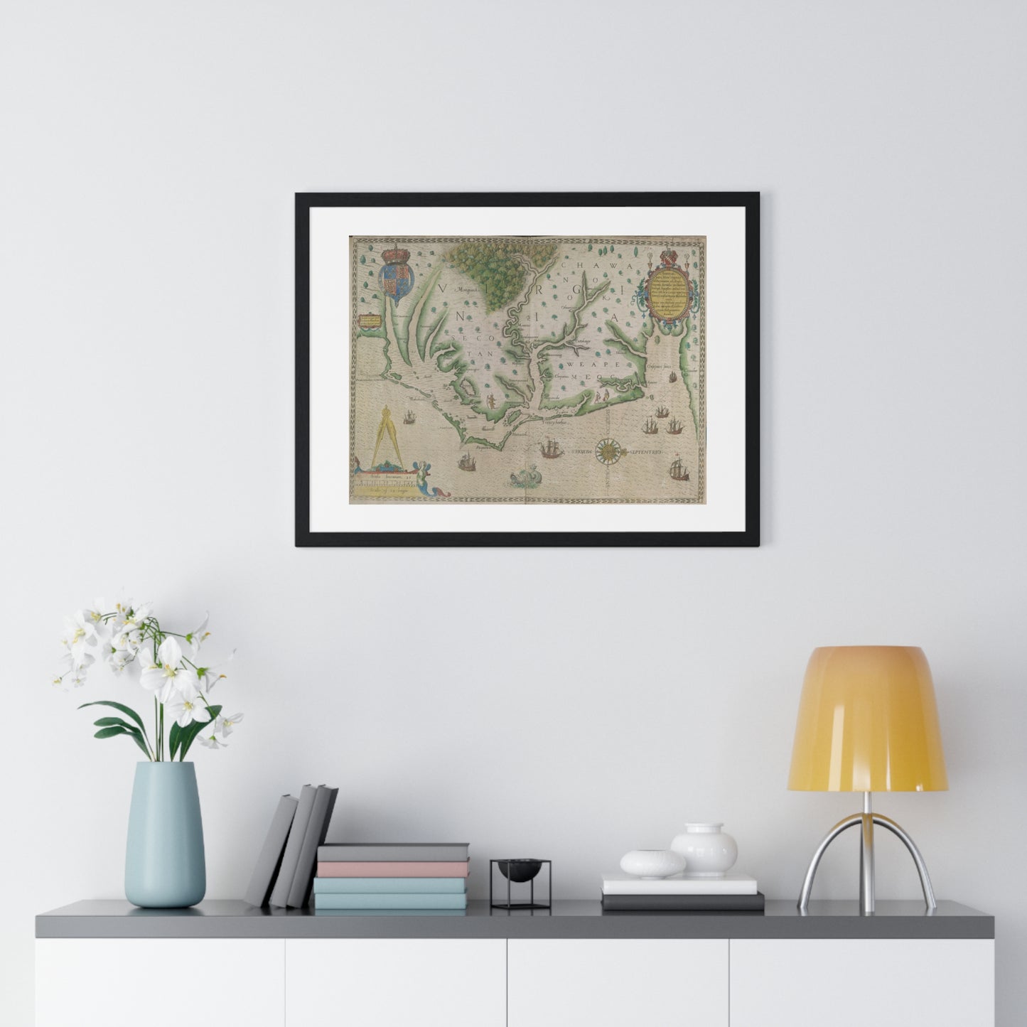 Engraved Map of Virginia (1618) Showing the Arrival of Sir Walter Raleigh's Expedition, from the Original, Framed Print