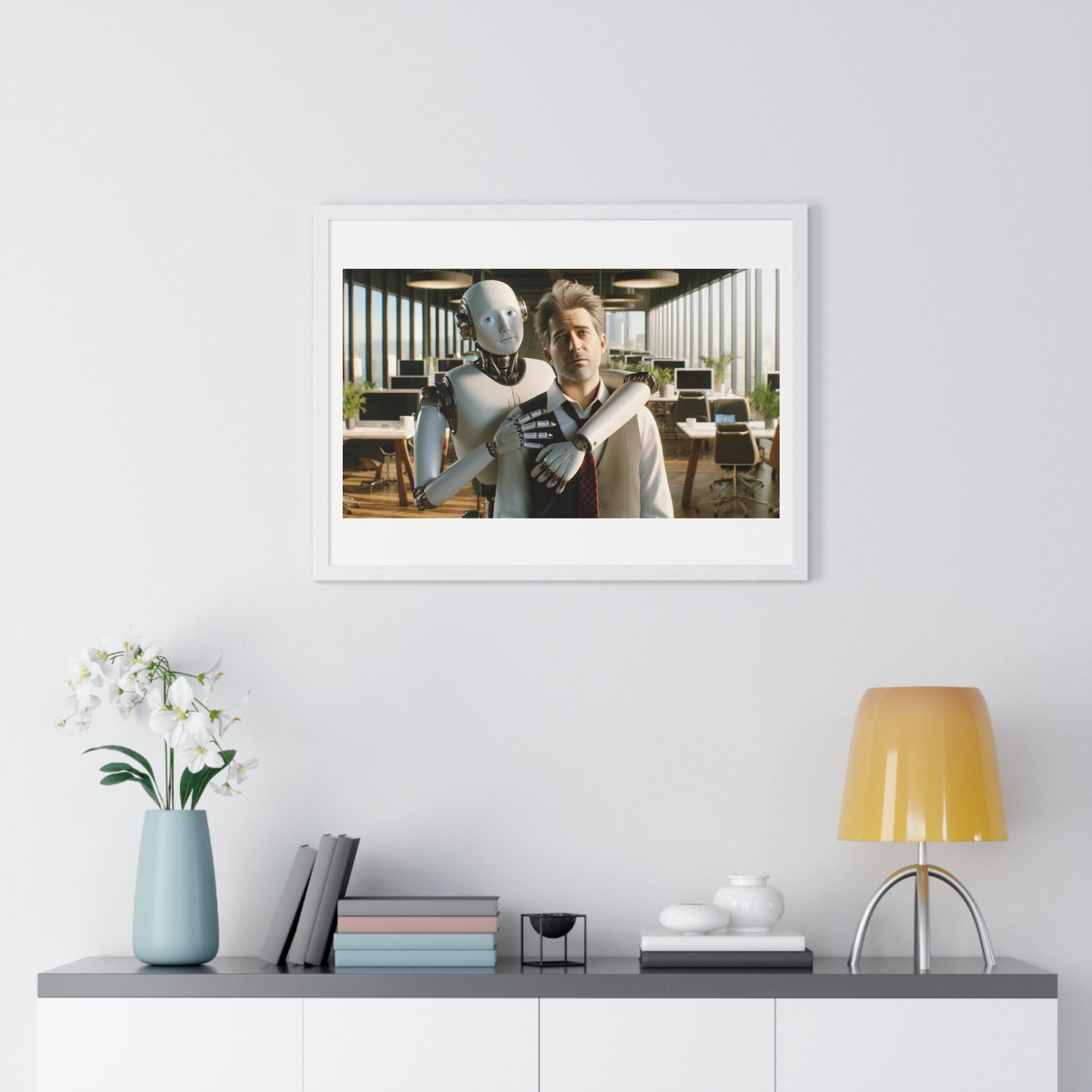 Having a Heart to Heart with your AI Creation, Office Art 'Designed by AI' Framed Print