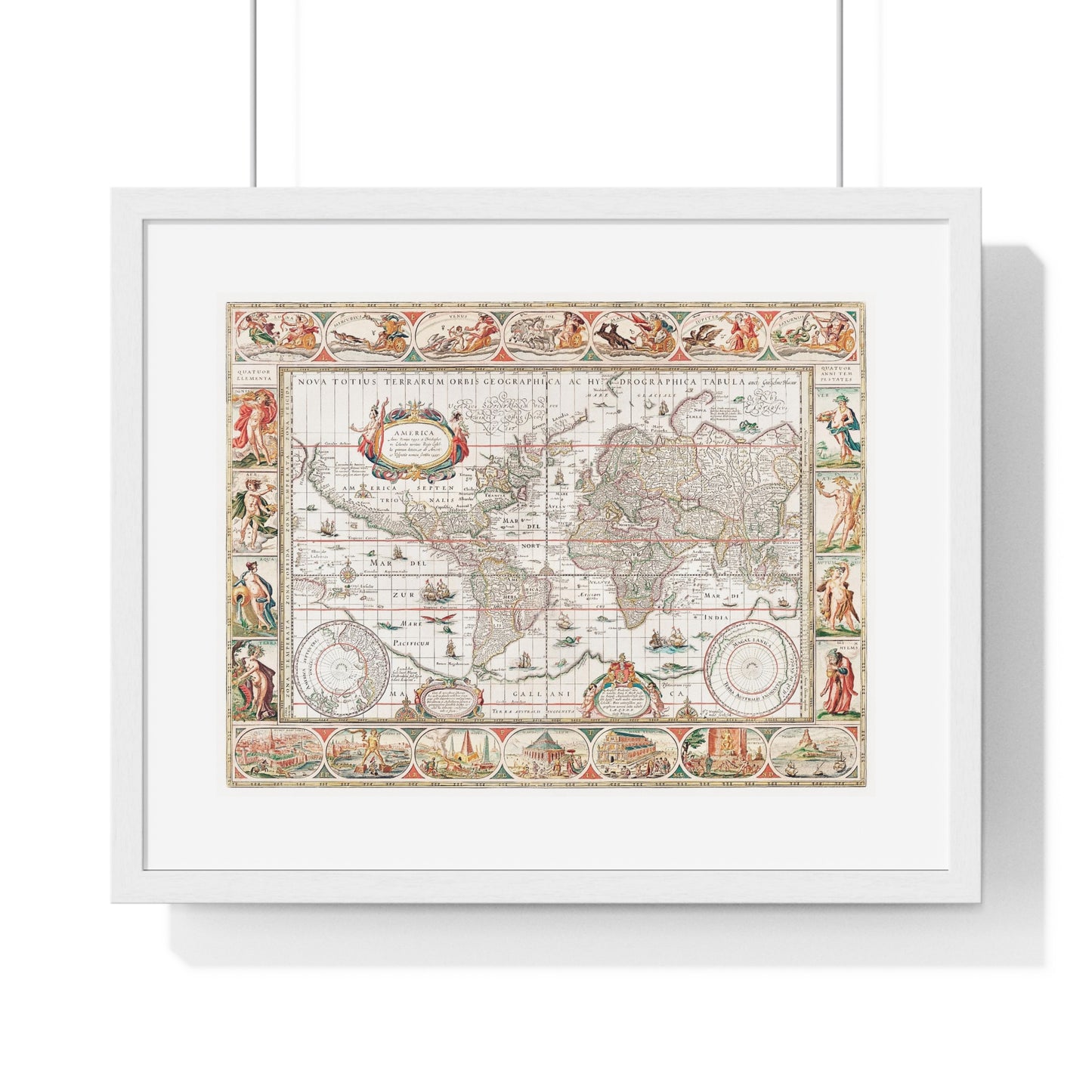 Map of the World 'Nova Totius Terrarum Orbis Geographica ac Hydrographica' (1635–1650) by Guiljelmo Blaeu, from the Original, Framed Art Print
