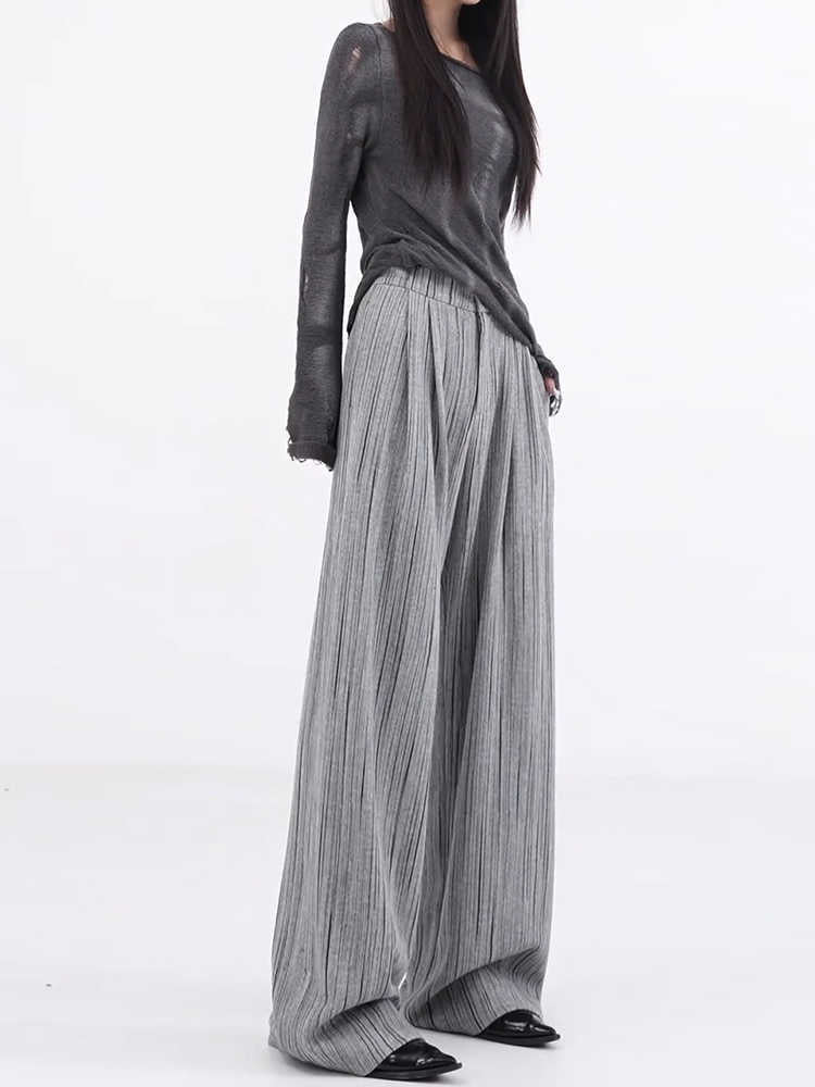 Vireous Ribbed Very Loose Women's Casual Pants, Pleated Mop Wide Leg