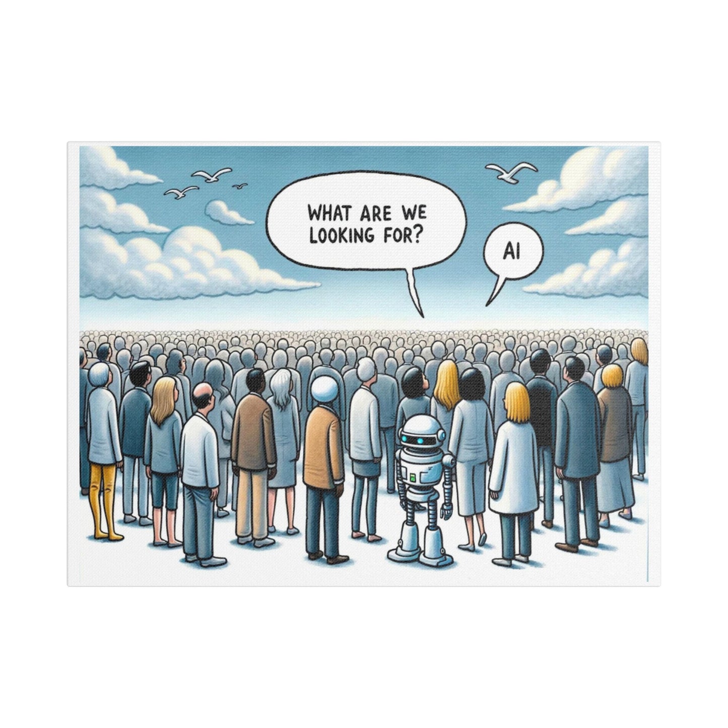 Looking for the Benefits of AI, Cartoon Art 'Designed by AI' Print on Canvas
