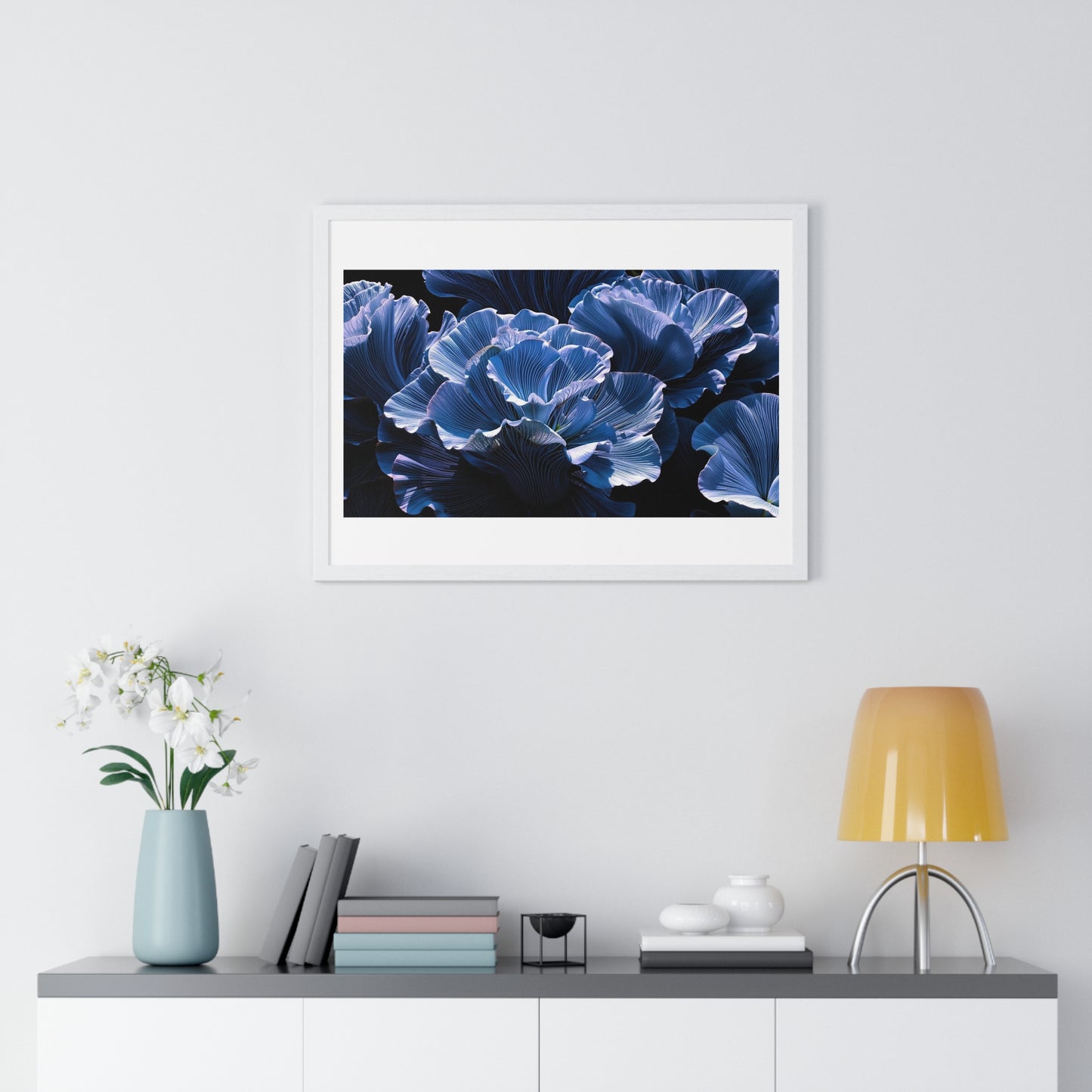 Iris Petals, Blue Vibrant Art 'Designed by AI' Framed Print