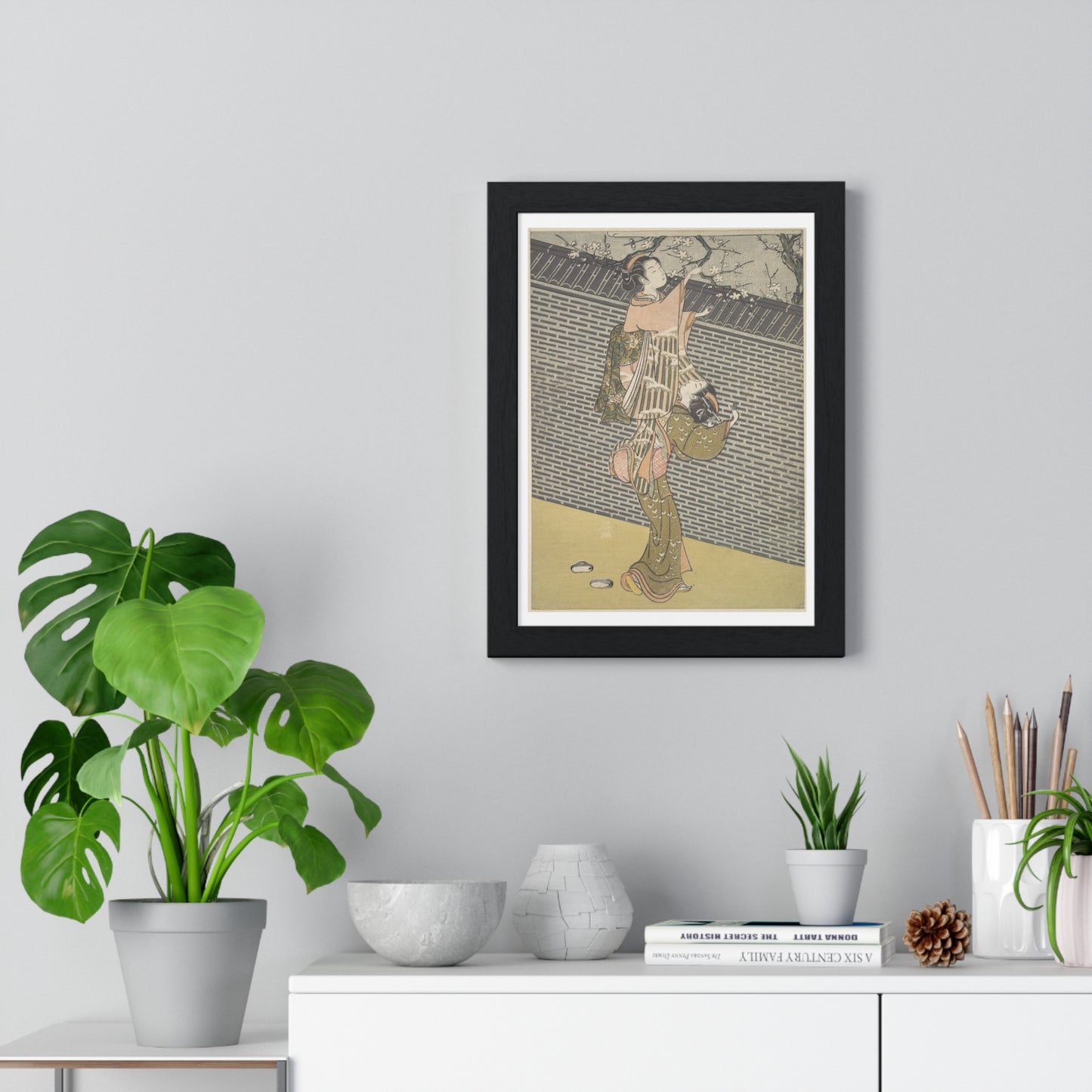 Plucking a Branch from a Neighbour's Plum Tree (1768) Japanese Illustration by Suzuki Harunobu, from the Original, Framed Print