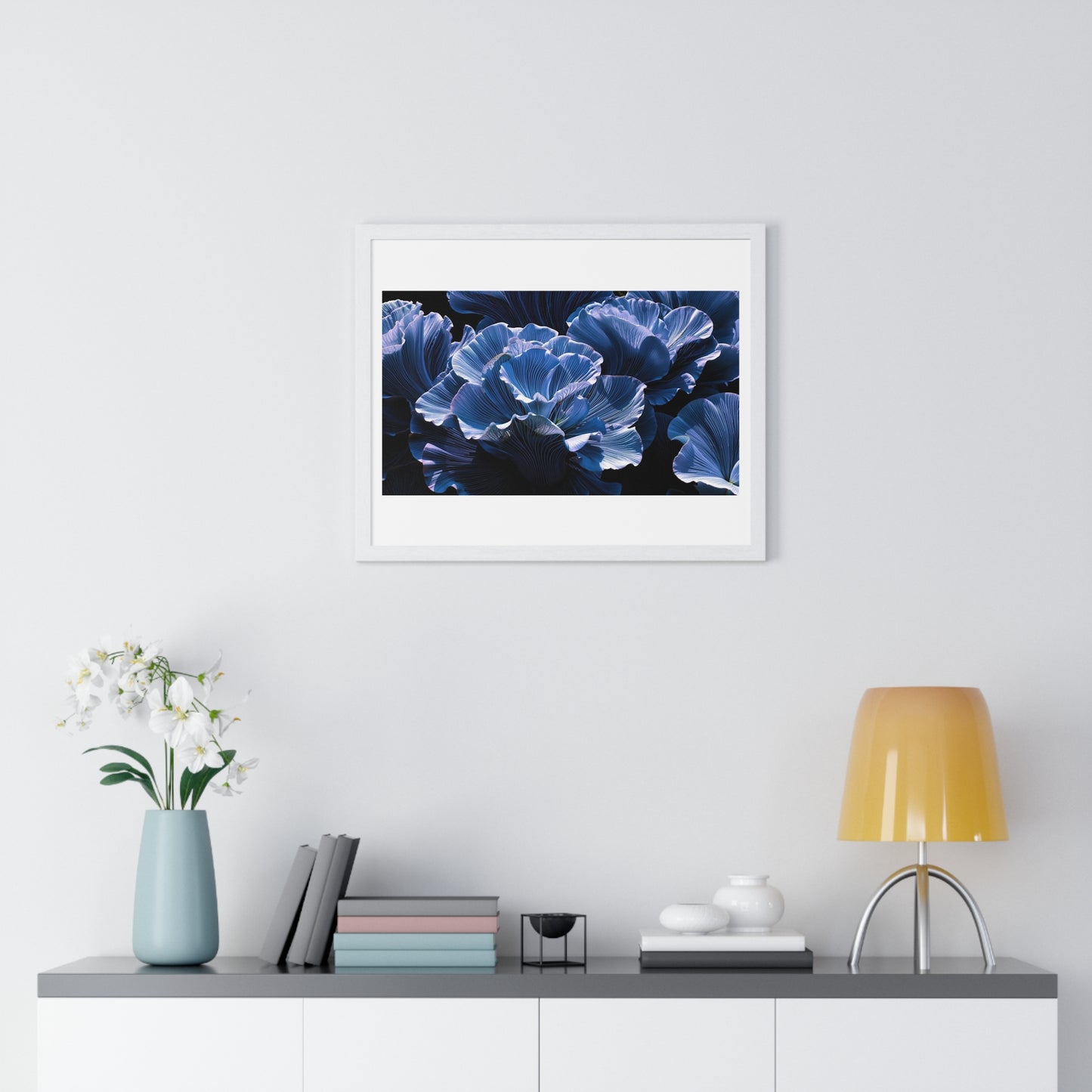 Iris Petals, Blue Vibrant Art 'Designed by AI' Framed Print