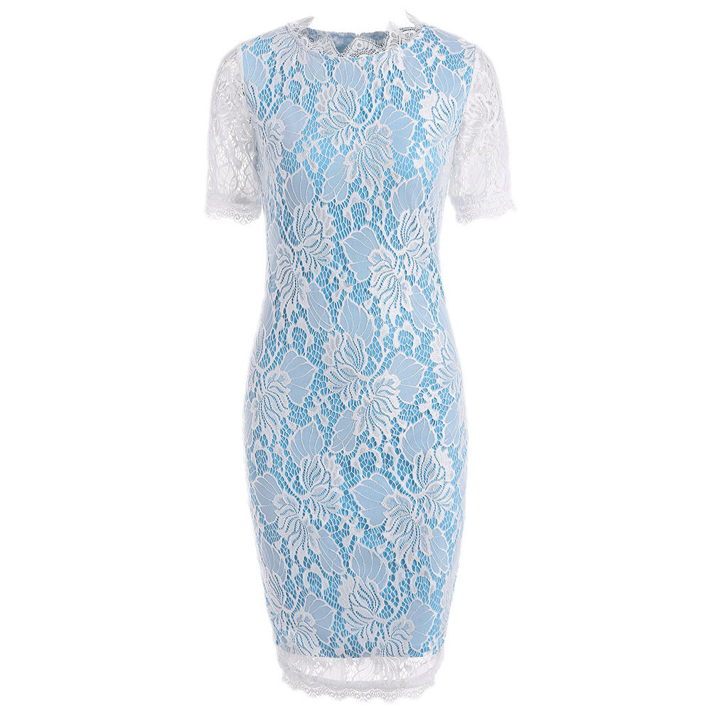 Vireous Floral Lace Overlay Sheer Half-Sleeve Dress