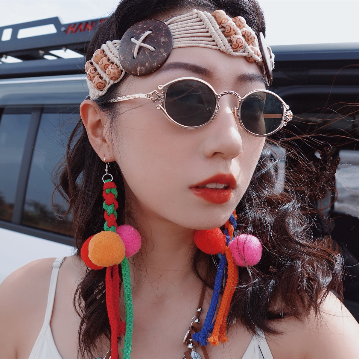 'Yoko Ono' Ethnic-Style Large Fur Ball Earrings