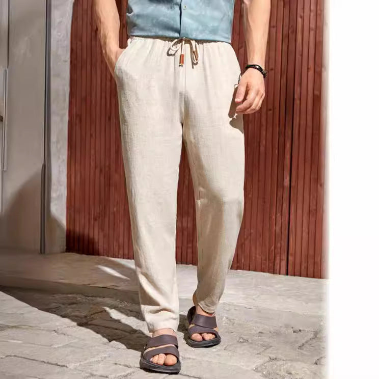 Vireous Men's Casual Cotton and Linen Drawstring Trousers