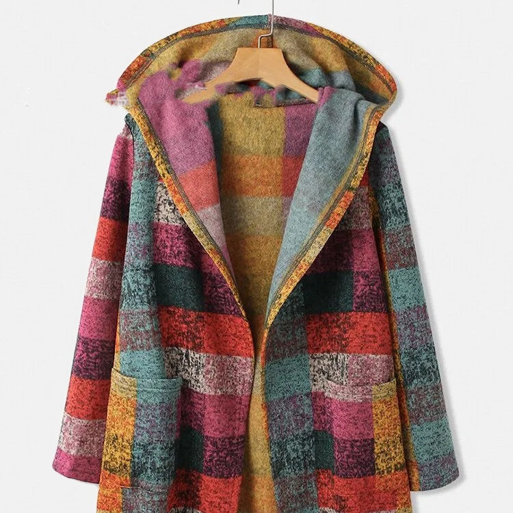 Women's Vintage Plaid Printed Hooded Fleece Short Coat