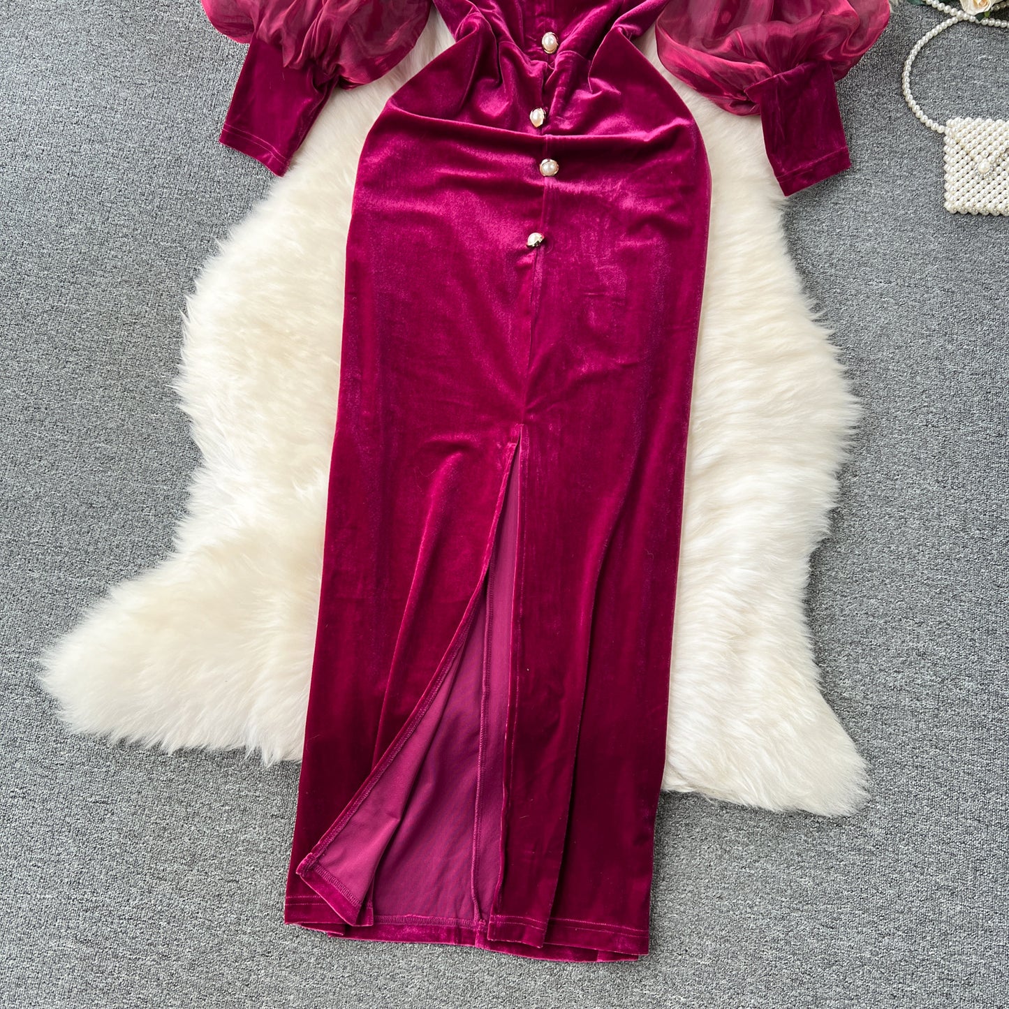 Vireous Vintage Velvet Dress, Lantern Sleeves Court-Style Midi Dress