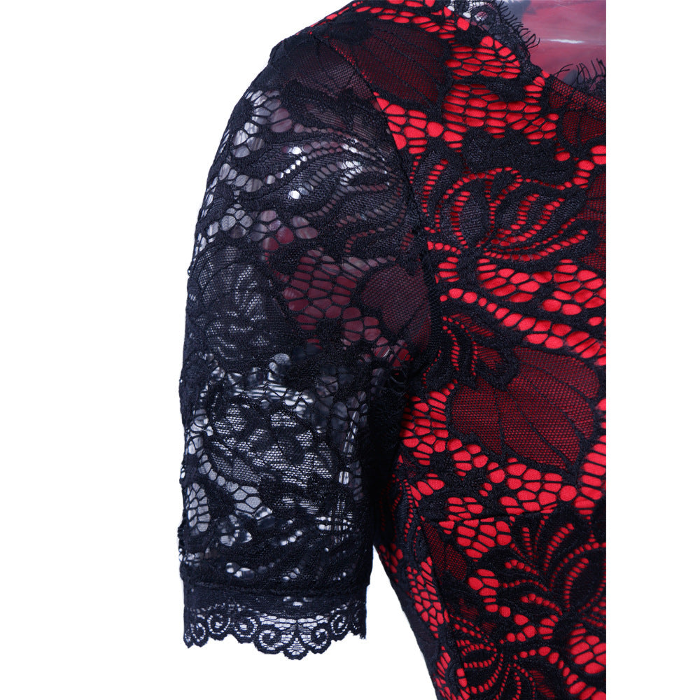 Vireous Floral Lace Overlay Sheer Half-Sleeve Dress
