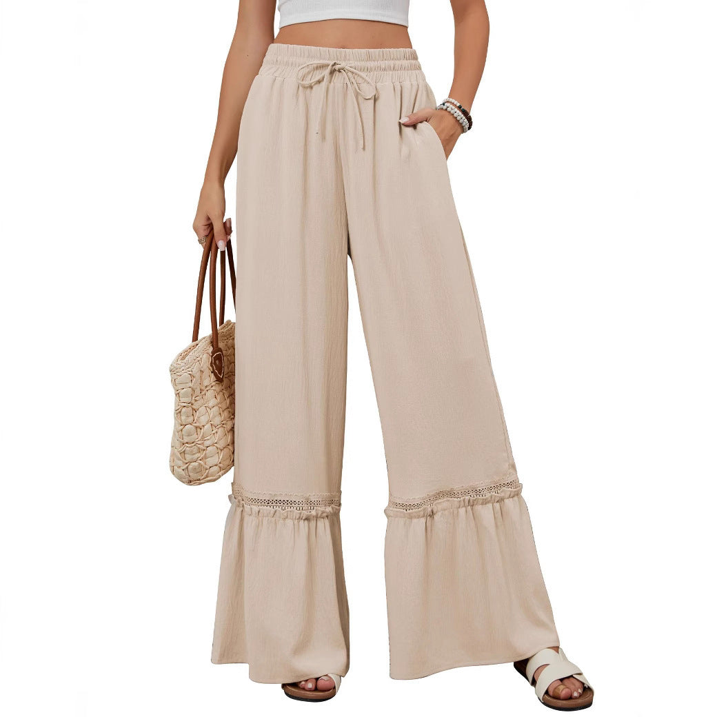 High-Waist Casual Pants, Women's Drawstring Wide-Leg Trousers