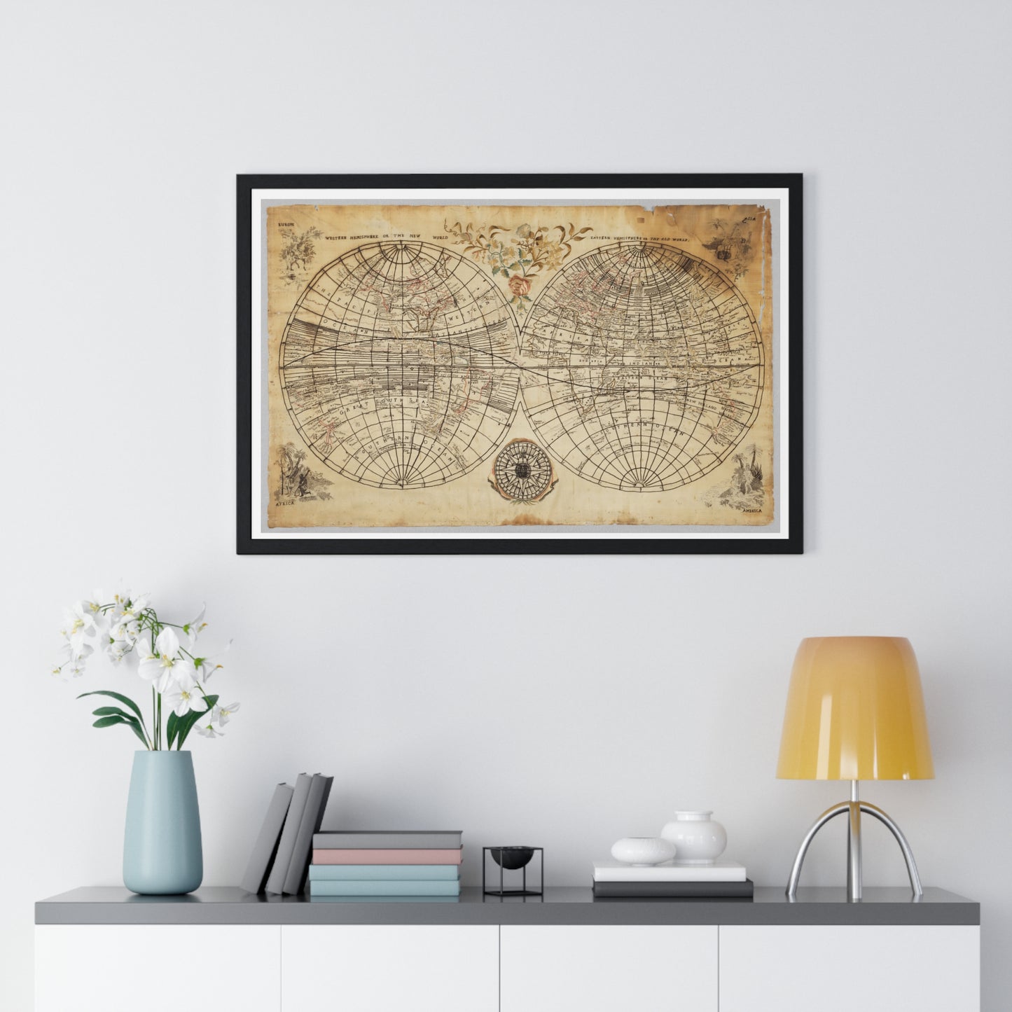Antique Textile World Map Sampler (1790s) from the Original, Framed Print