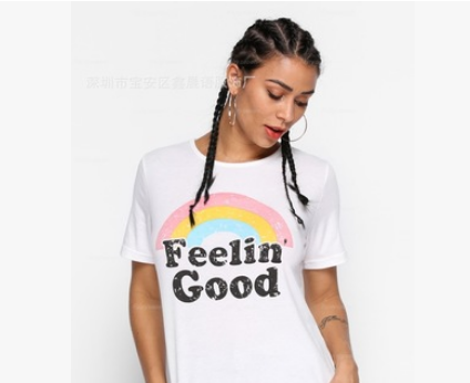 Feelin' Good White T-Shirt, Rainbow Print