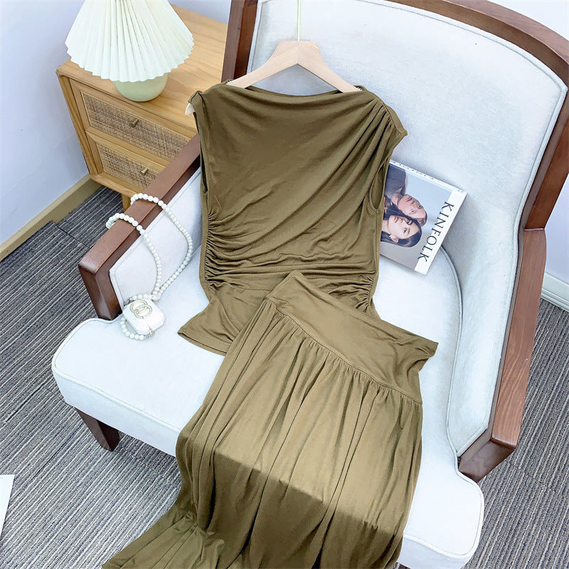Cotton Silk Off-Neck French-Style Top and Skirt