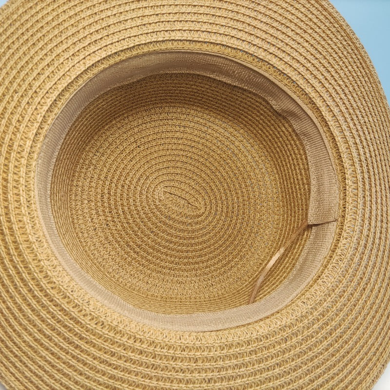 Flat Straw Hat, Women's French Woven 'Top Hat', Seaside Summer Travel Brimmed Hat